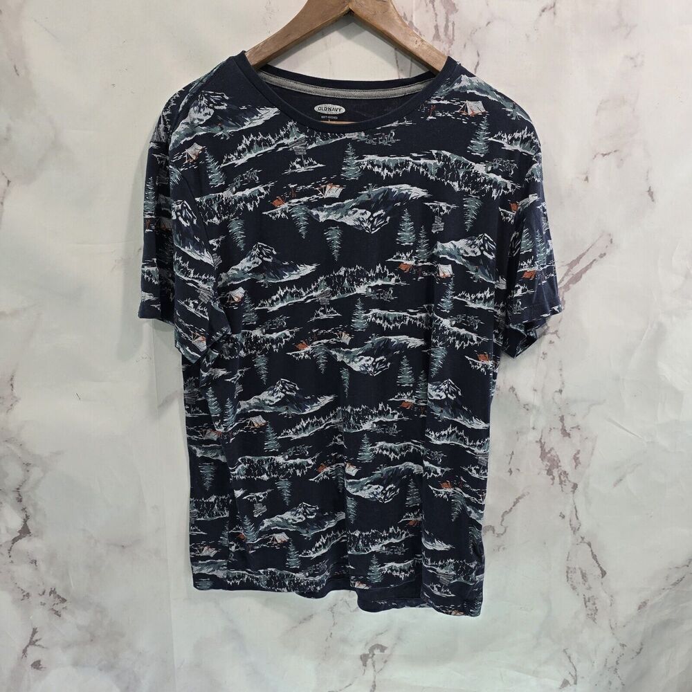Old Navy T Shirt Mens Medium Navy Crew Tent Snow Camping Trees Trail Hiking
